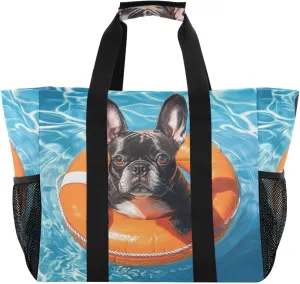ALAZA French Bulldog Driving Car with Balloons Dog Waterproof Beach Tote Bags