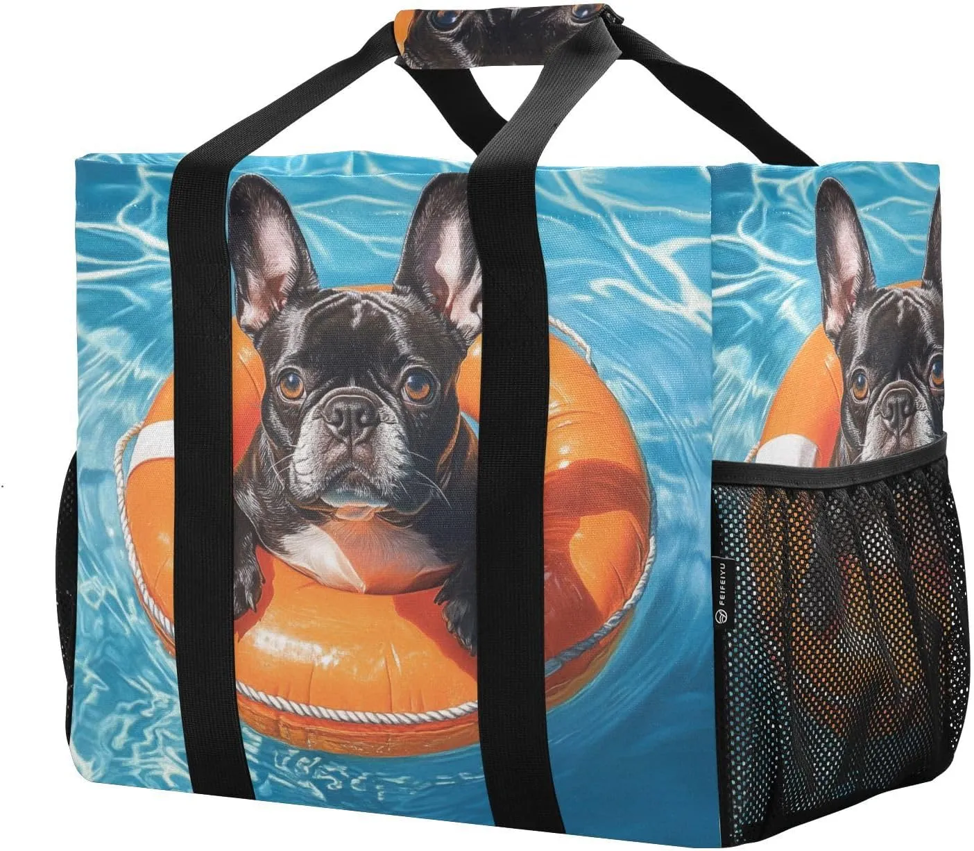 ALAZA French Bulldog Driving Car with Balloons Dog Waterproof Beach Tote Bags