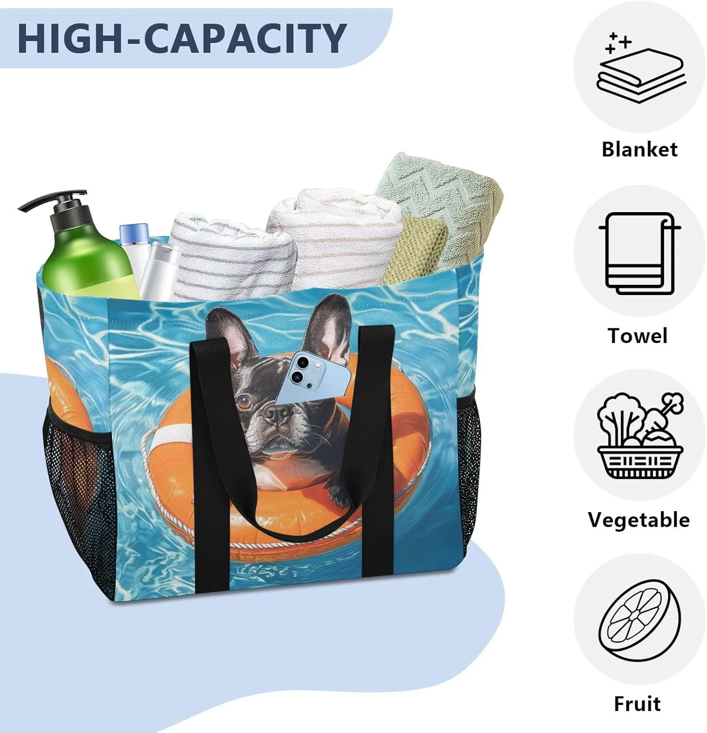 ALAZA French Bulldog Driving Car with Balloons Dog Waterproof Beach Tote Bags