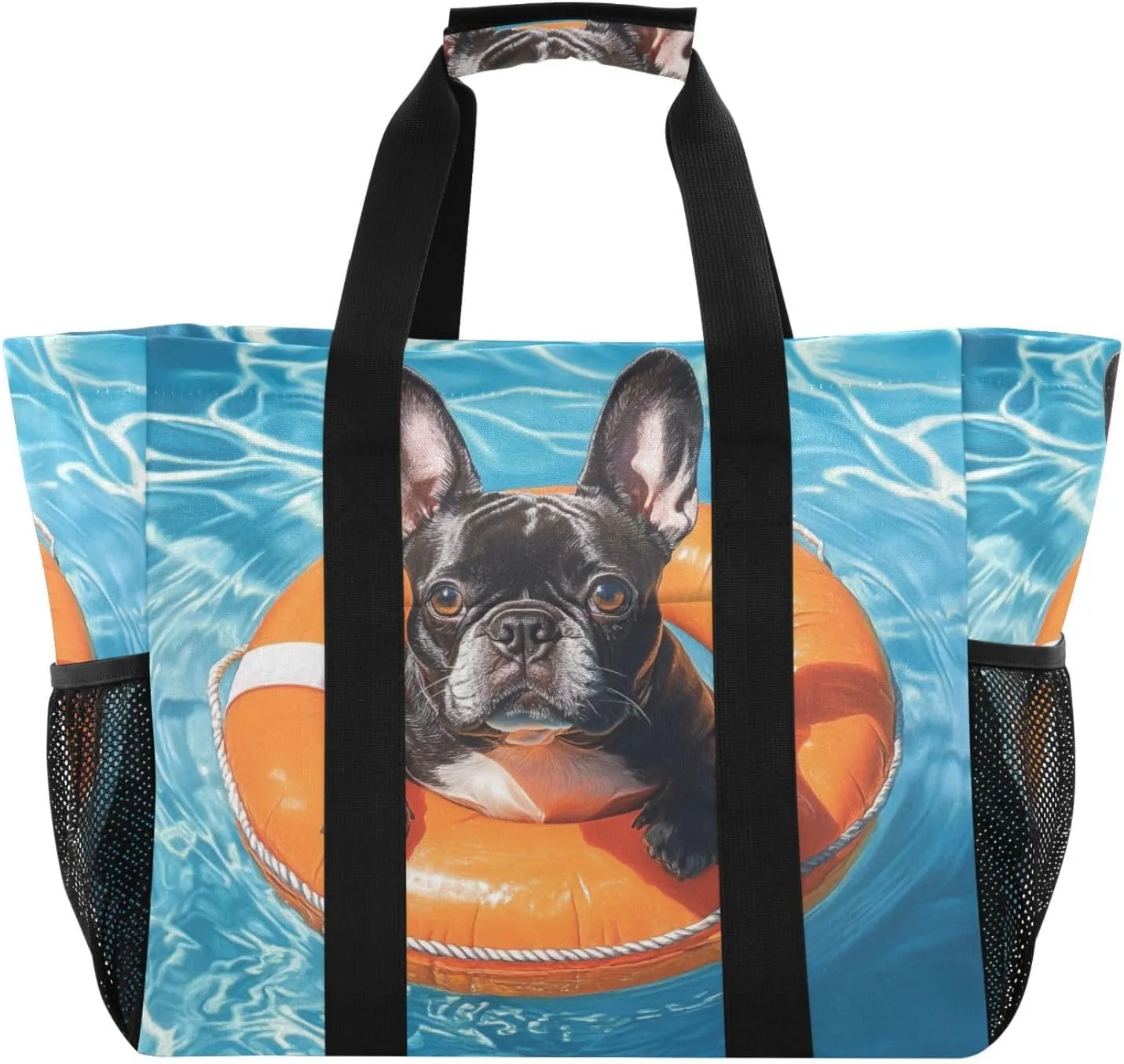 ALAZA French Bulldog Driving Car with Balloons Dog Waterproof Beach Tote Bags