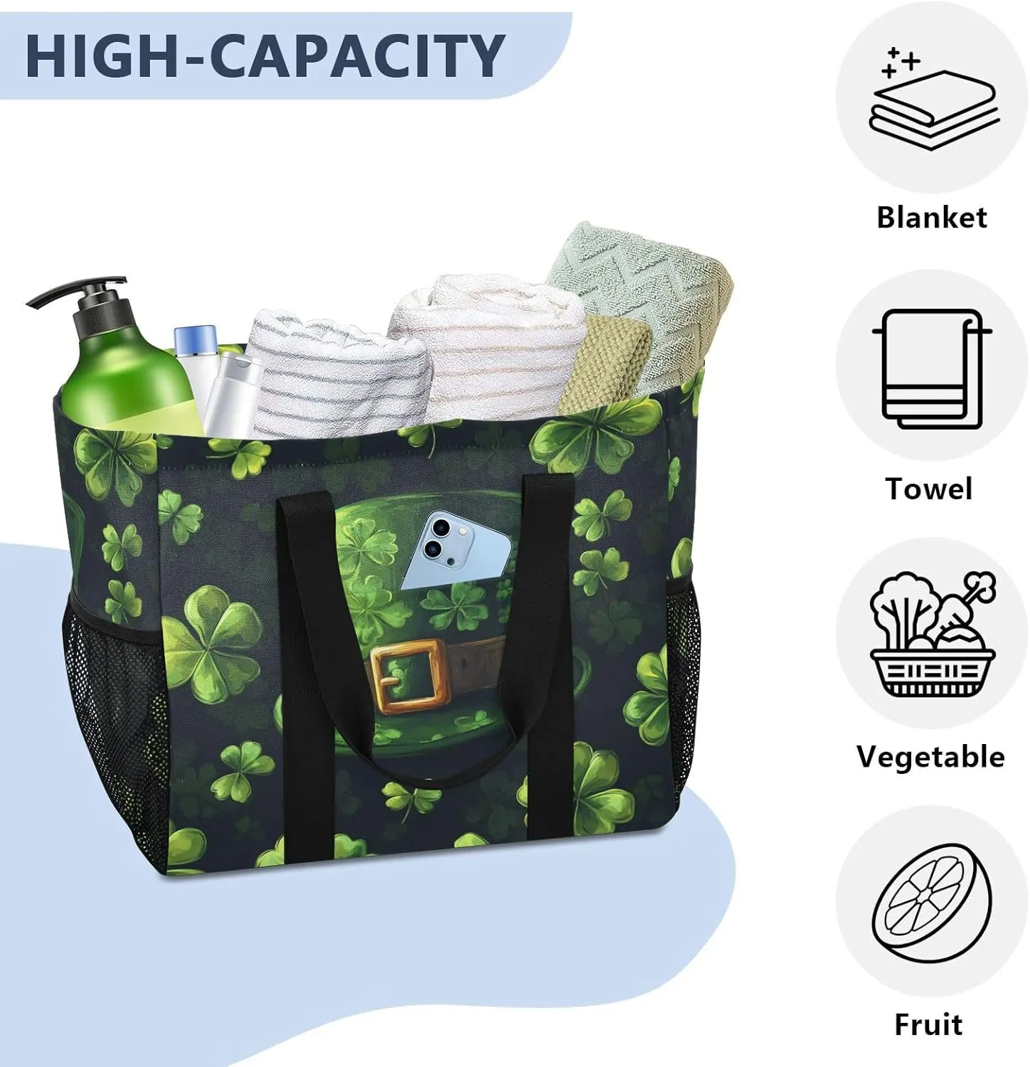 ALAZA Happy St. Patrick's Day Shamrock Dinosaur Waterproof Beach Tote Bags