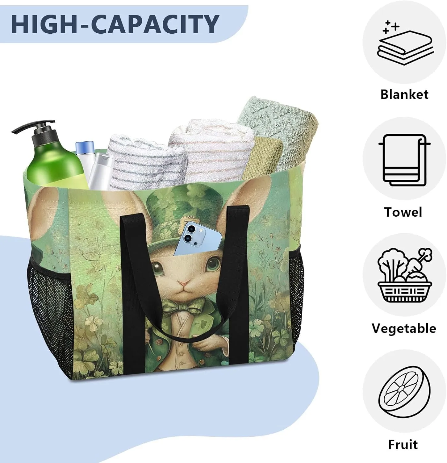 ALAZA St. Patricks Day Plaid Clover Leaves Waterproof Beach Tote Bags