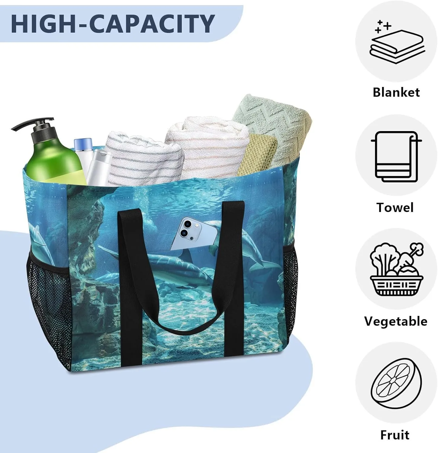 ALAZA Underwater World Dolpins Sand Ocean Waterproof Beach Tote Bags