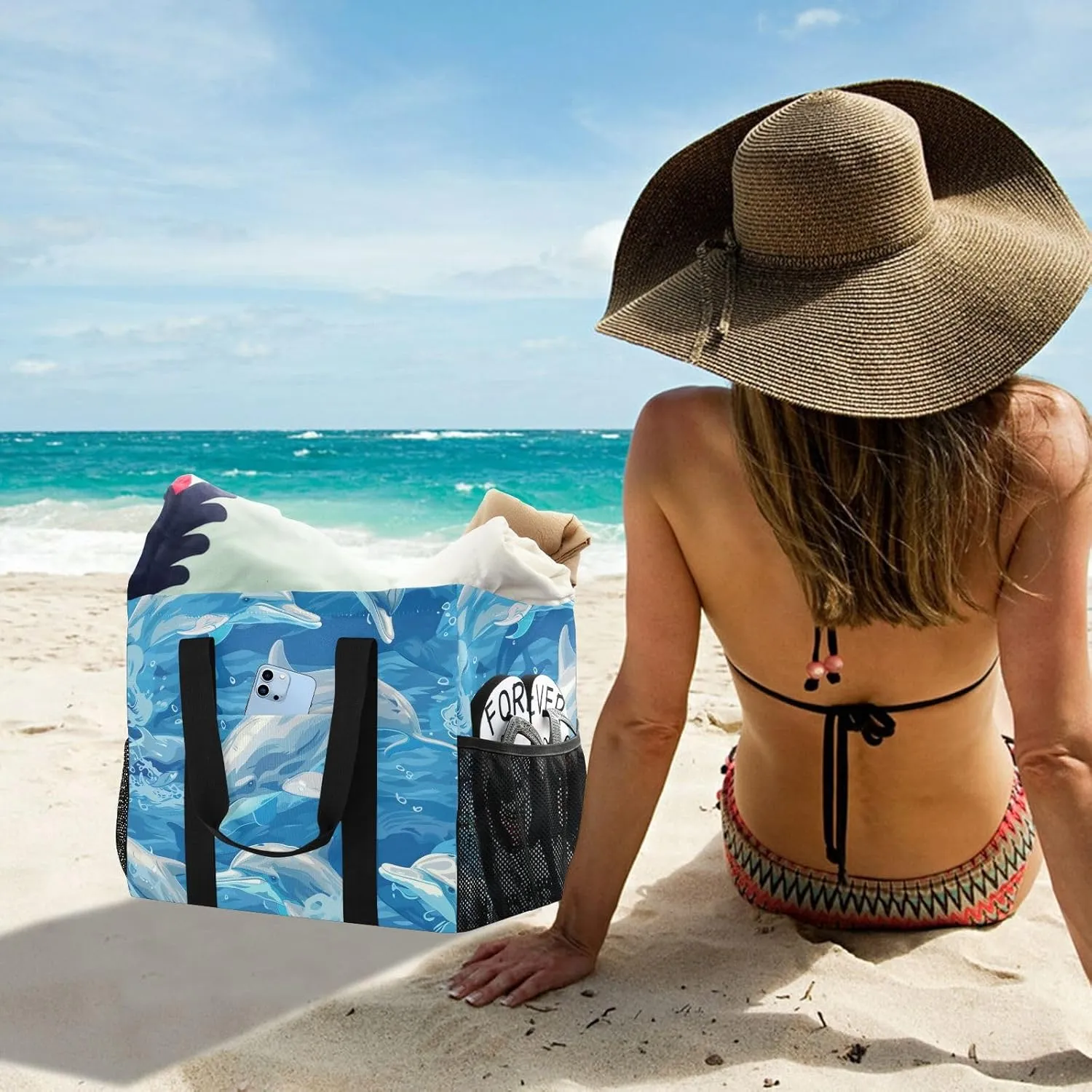 ALAZA Underwater World Dolpins Sand Ocean Waterproof Beach Tote Bags