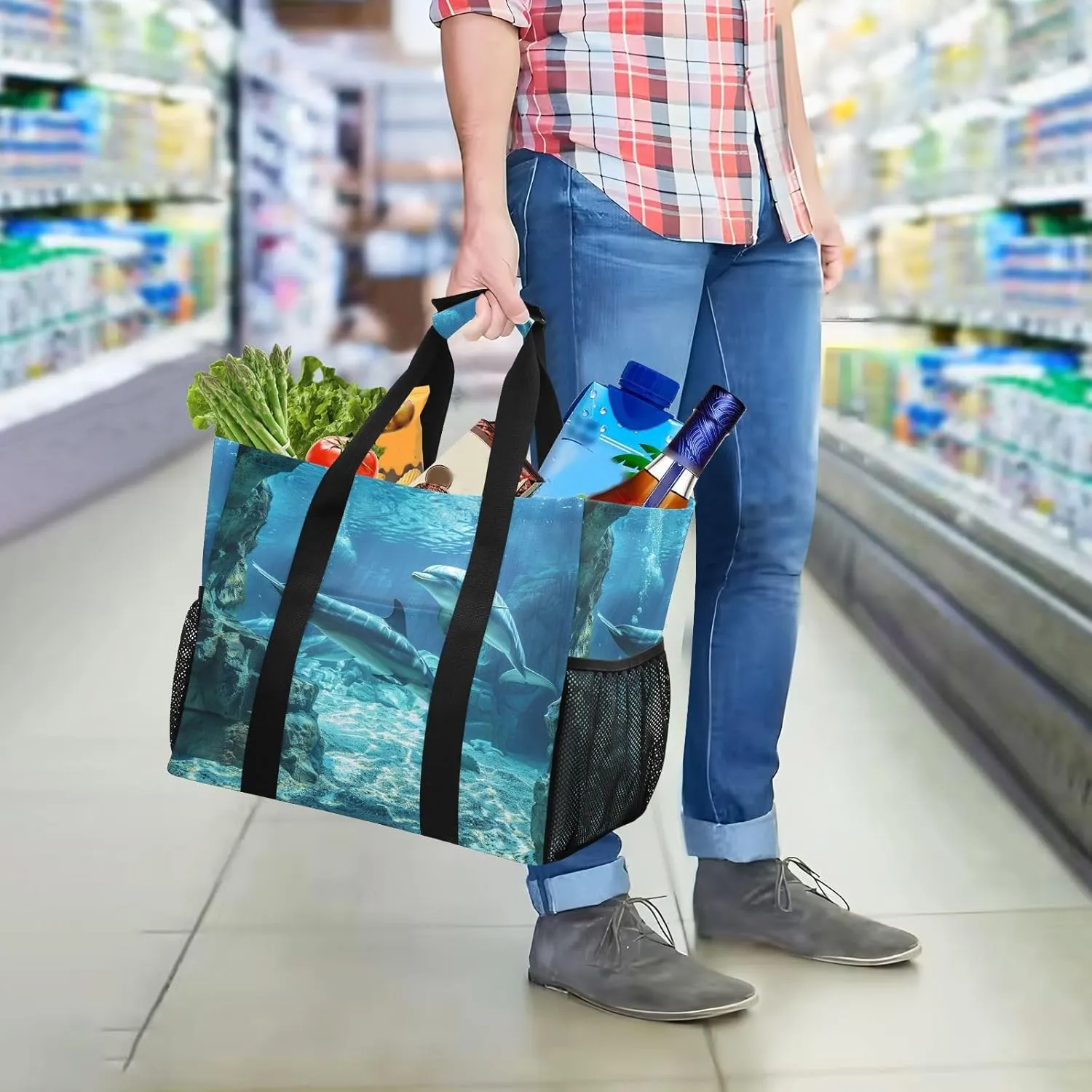 ALAZA Underwater World Dolpins Sand Ocean Waterproof Beach Tote Bags