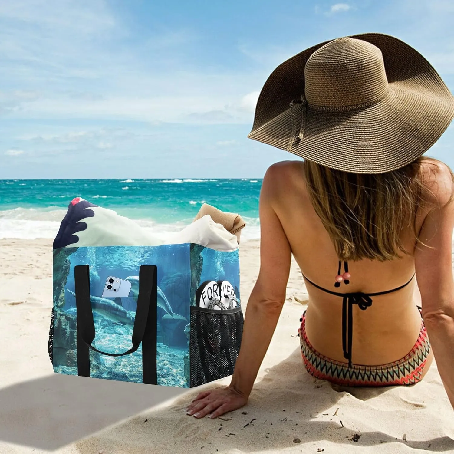 ALAZA Underwater World Dolpins Sand Ocean Waterproof Beach Tote Bags