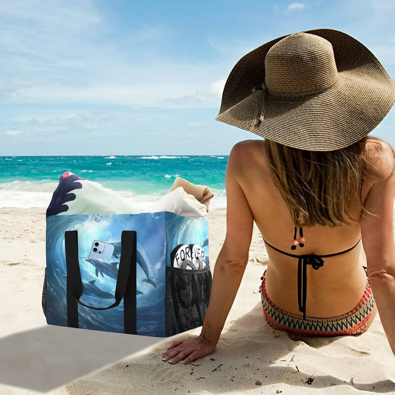 ALAZA Underwater World Dolpins Sand Ocean Waterproof Beach Tote Bags