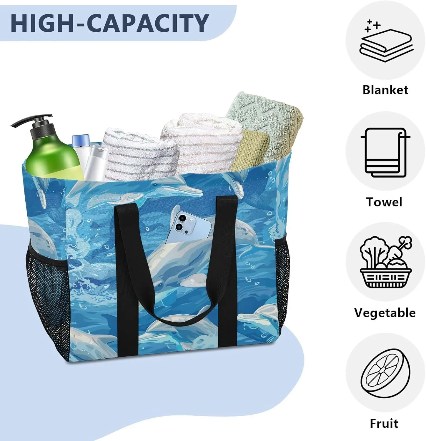 ALAZA Underwater World Dolpins Sand Ocean Waterproof Beach Tote Bags