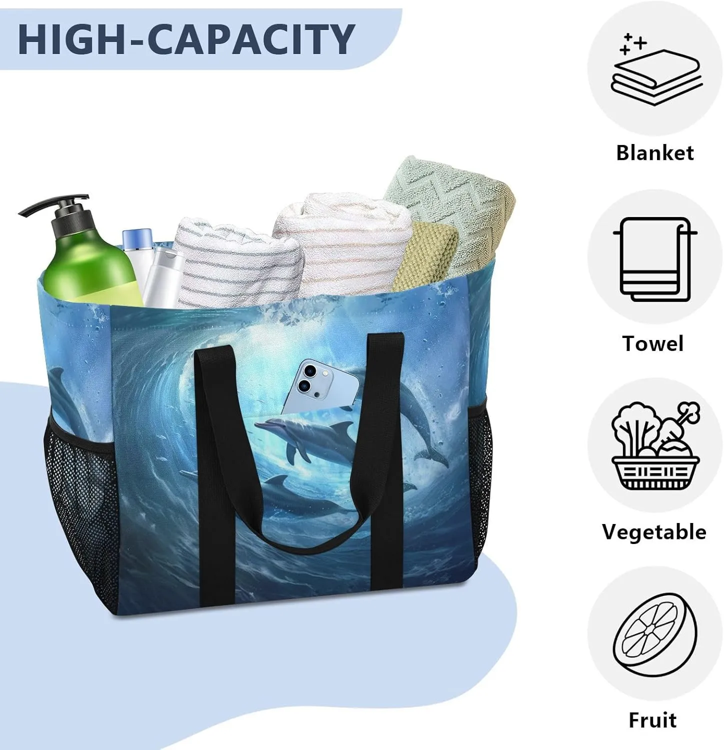 ALAZA Underwater World Dolpins Sand Ocean Waterproof Beach Tote Bags