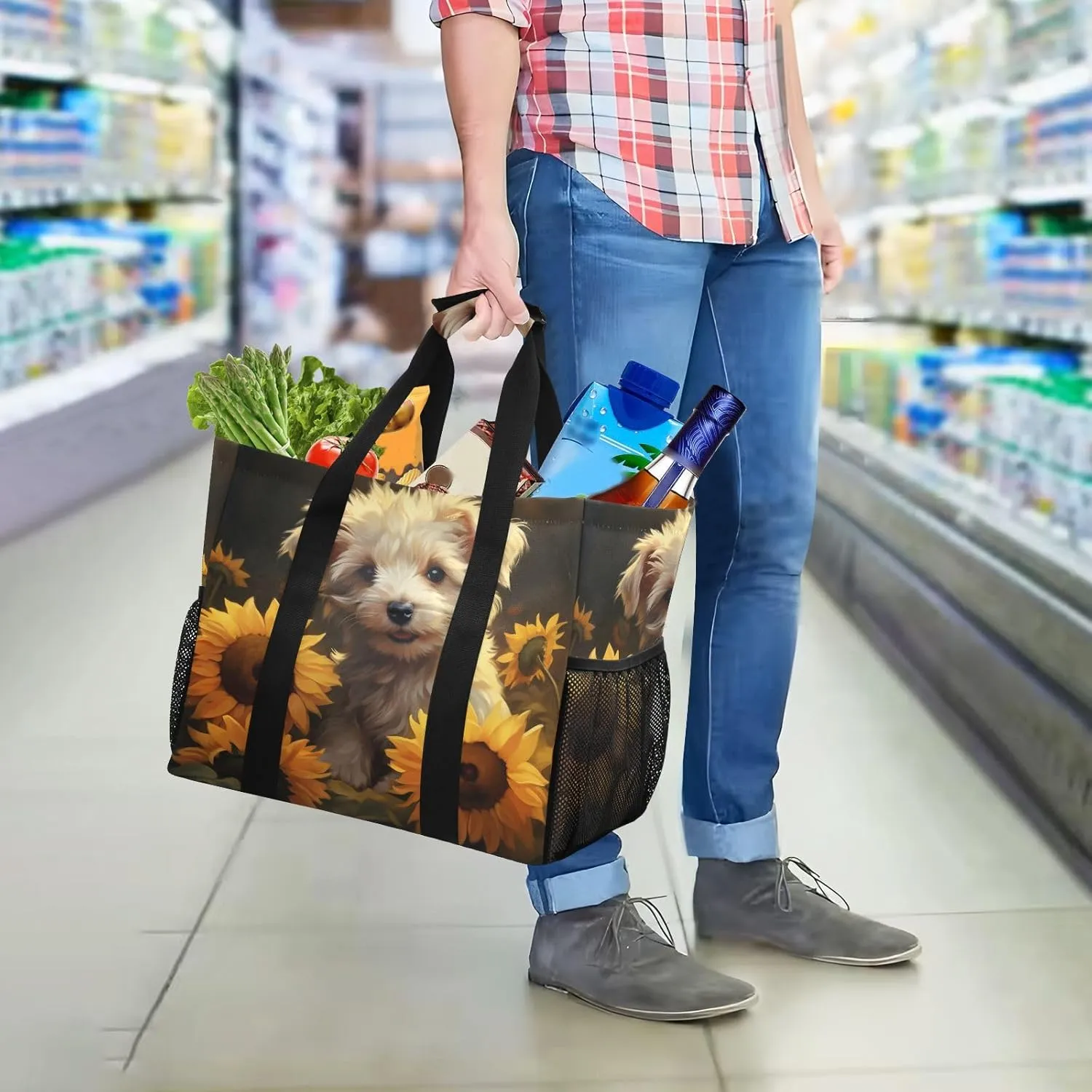 ALAZA Watercolor Dogs Starry Night Galaxy Waterproof Beach Tote Bags