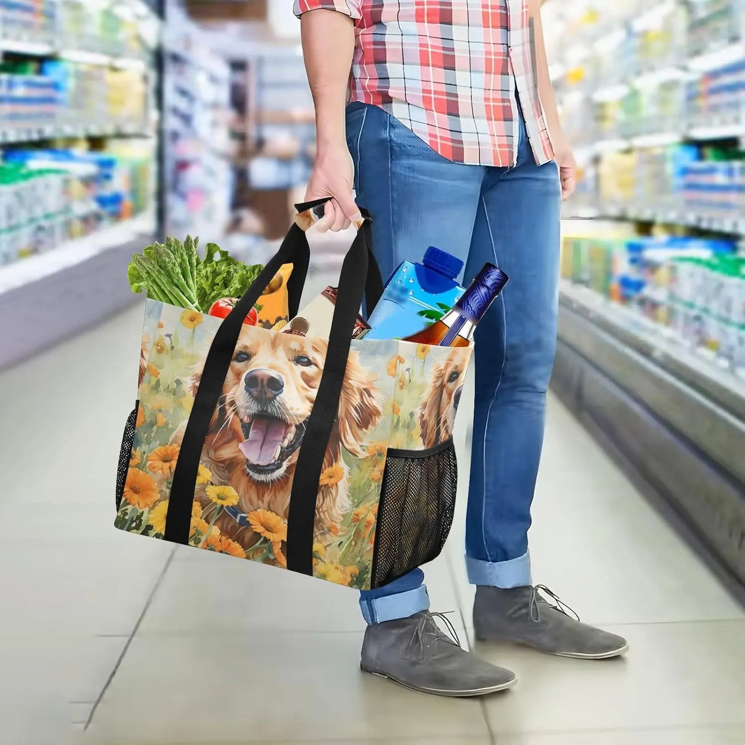 ALAZA Watercolor Dogs Starry Night Galaxy Waterproof Beach Tote Bags