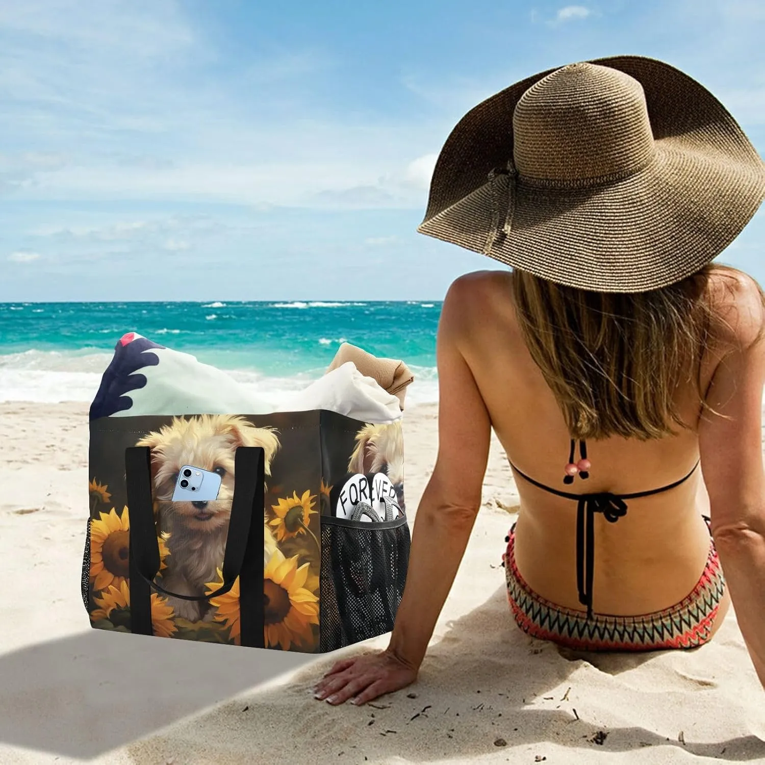 ALAZA Watercolor Dogs Starry Night Galaxy Waterproof Beach Tote Bags