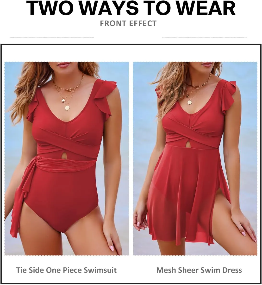 Aleumdr Women's One Piece Swimdress Ruffle Tummy Control Skirt Swimsuit Cross Wrap Cutout Split Hem Swim Dresses