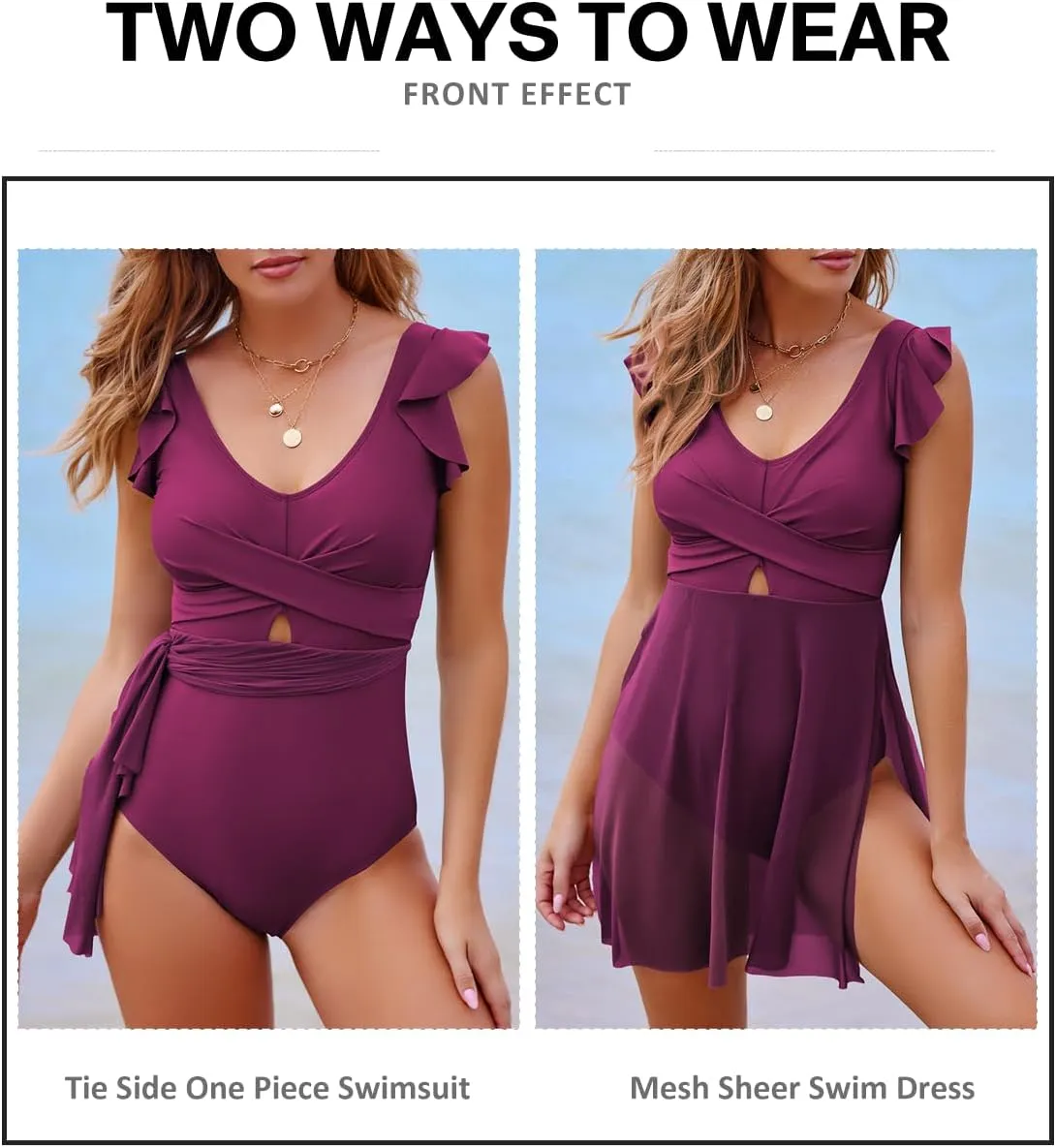 Aleumdr Women's One Piece Swimdress Ruffle Tummy Control Skirt Swimsuit Cross Wrap Cutout Split Hem Swim Dresses