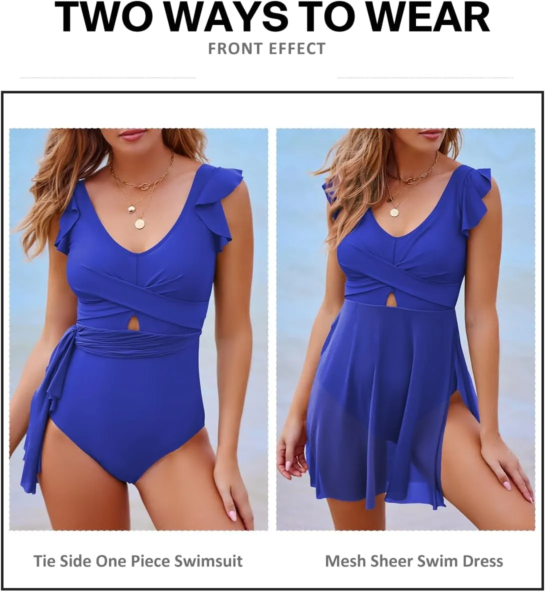 Aleumdr Women's One Piece Swimdress Ruffle Tummy Control Skirt Swimsuit Cross Wrap Cutout Split Hem Swim Dresses
