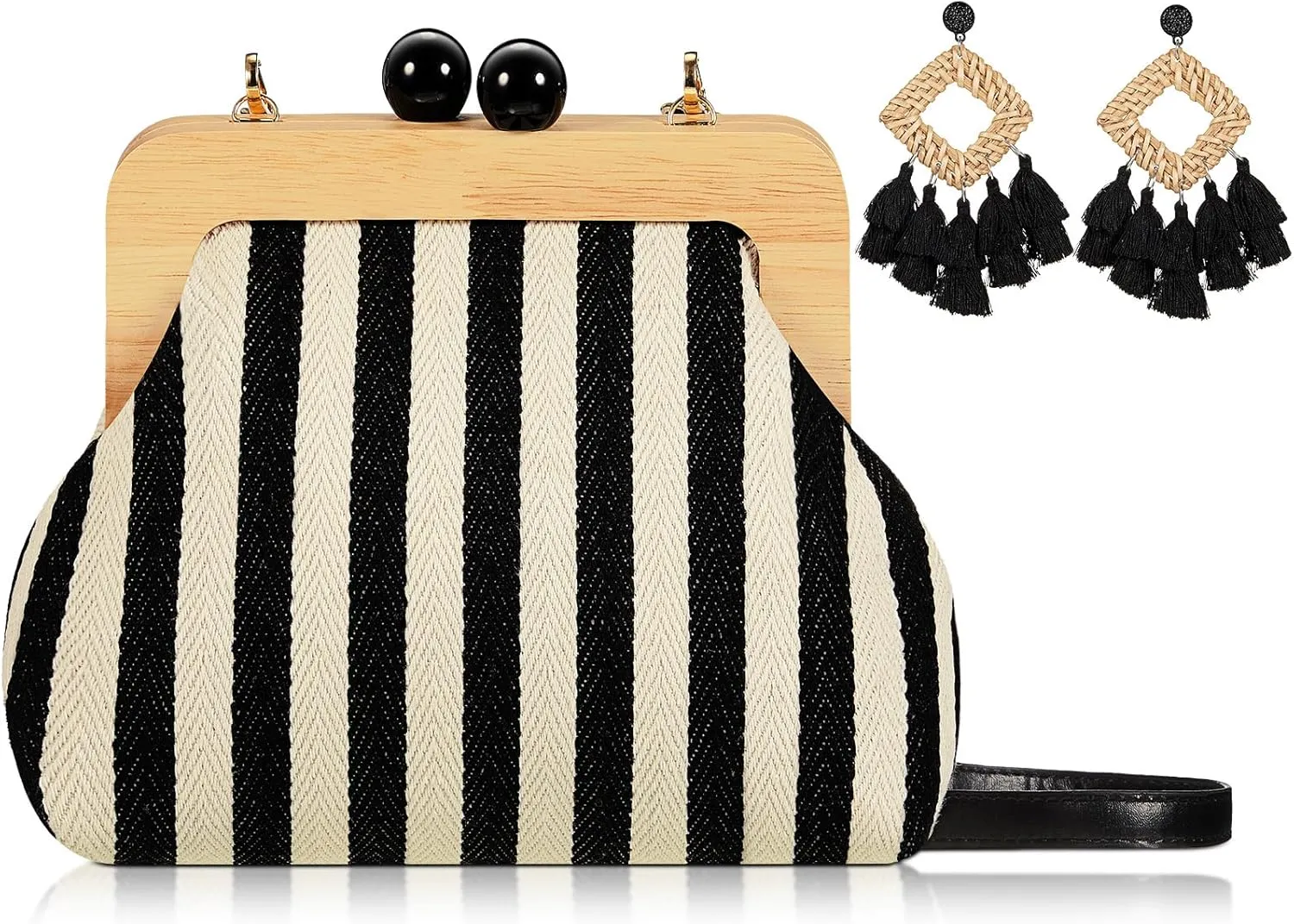 Aliceset Women's Crossbody Bag with Rattan Tassel Earrings Canvas Shoulder Kiss Lock Purse Lightweight Retro Wallet with Woven Dangle Earrings for Summer Beach