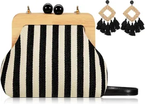 Aliceset Women's Crossbody Bag with Rattan Tassel Earrings Canvas Shoulder Kiss Lock Purse Lightweight Retro Wallet with Woven Dangle Earrings for Summer Beach