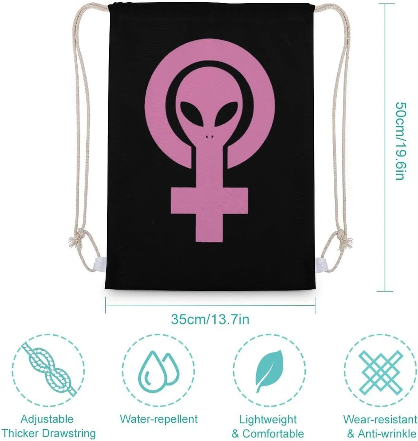Alien Feminist Symbol Canvas Drawstring Bags Sports Gym Sackpack Double-Sided Printing String Backpack Beach Travel Bag