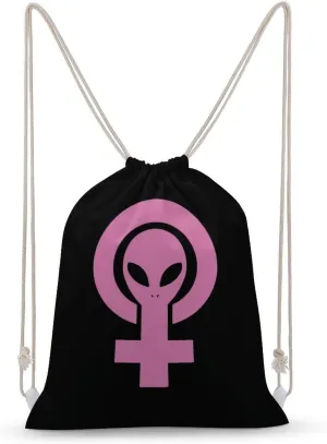 Alien Feminist Symbol Canvas Drawstring Bags Sports Gym Sackpack Double-Sided Printing String Backpack Beach Travel Bag