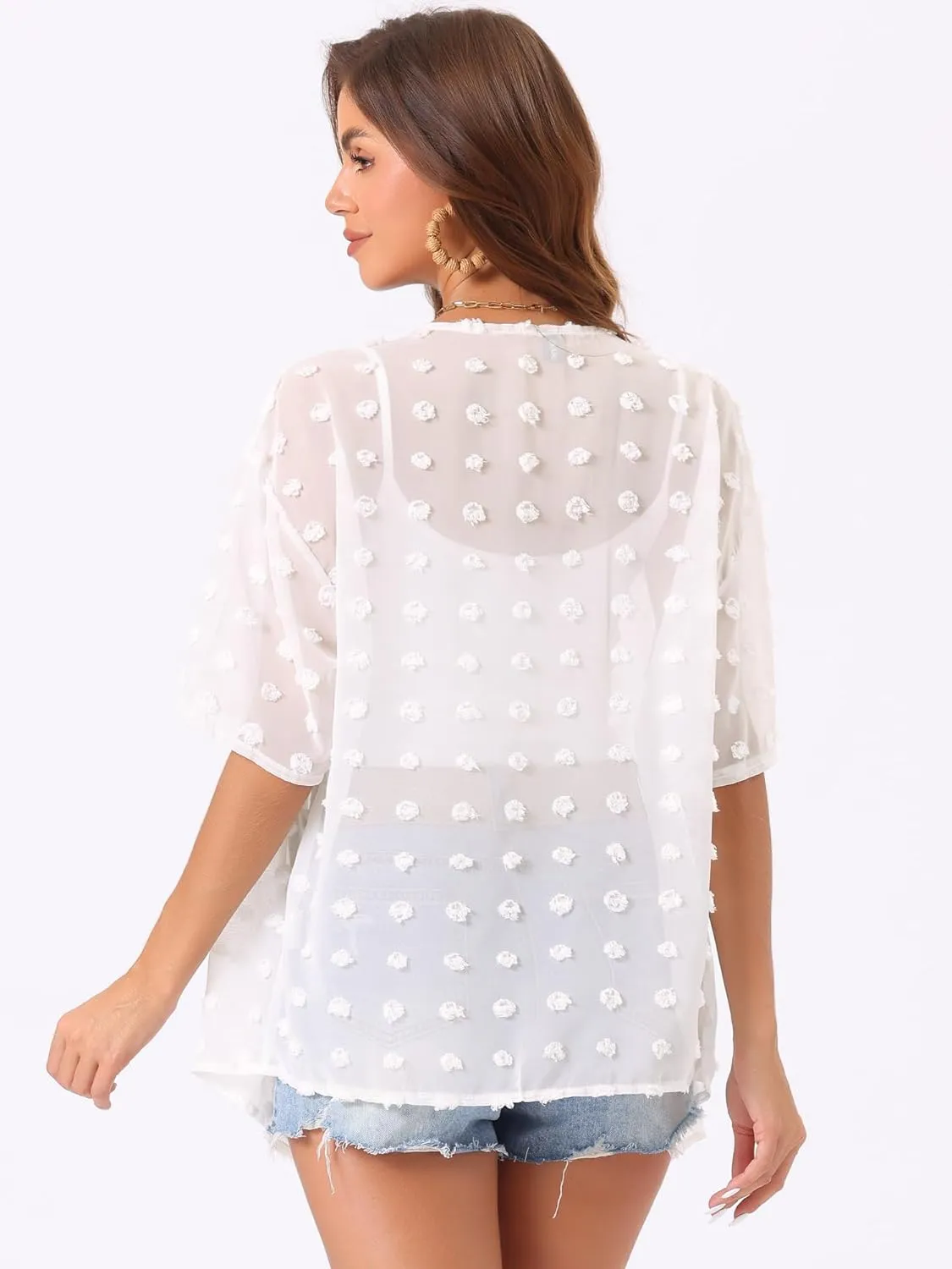 Allegra K Women's Summer Cardigan Short Sleeve Open Front Lightweight Chiffon Swiss Dots Beach Cover Up