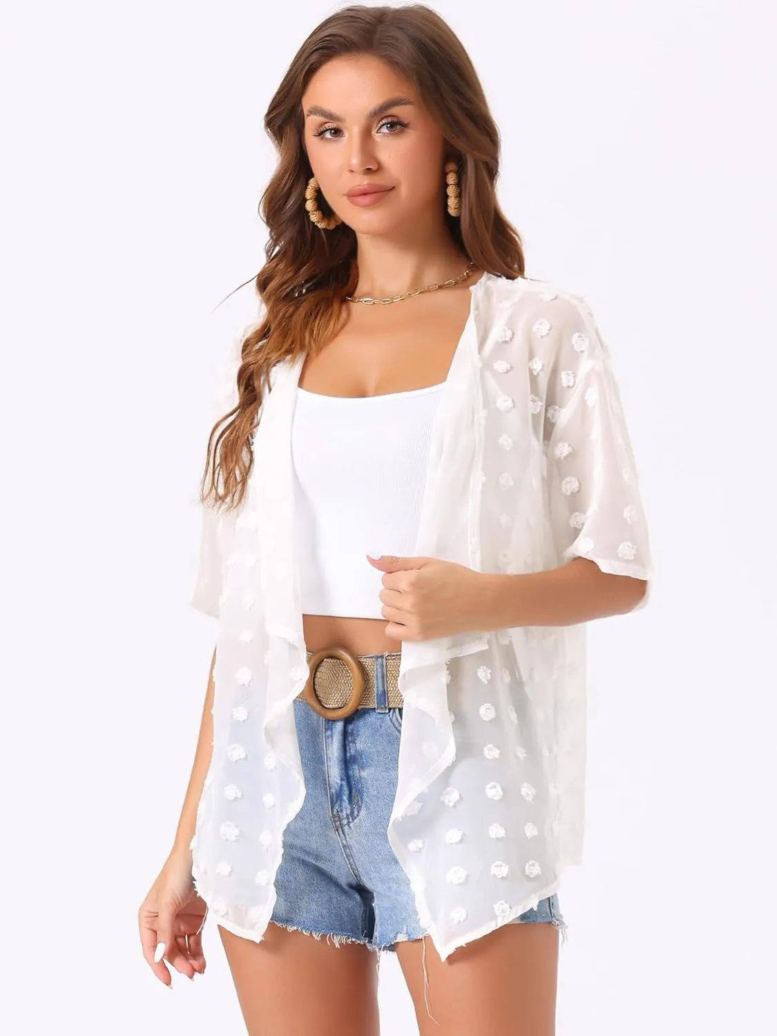 Allegra K Women's Summer Cardigan Short Sleeve Open Front Lightweight Chiffon Swiss Dots Beach Cover Up