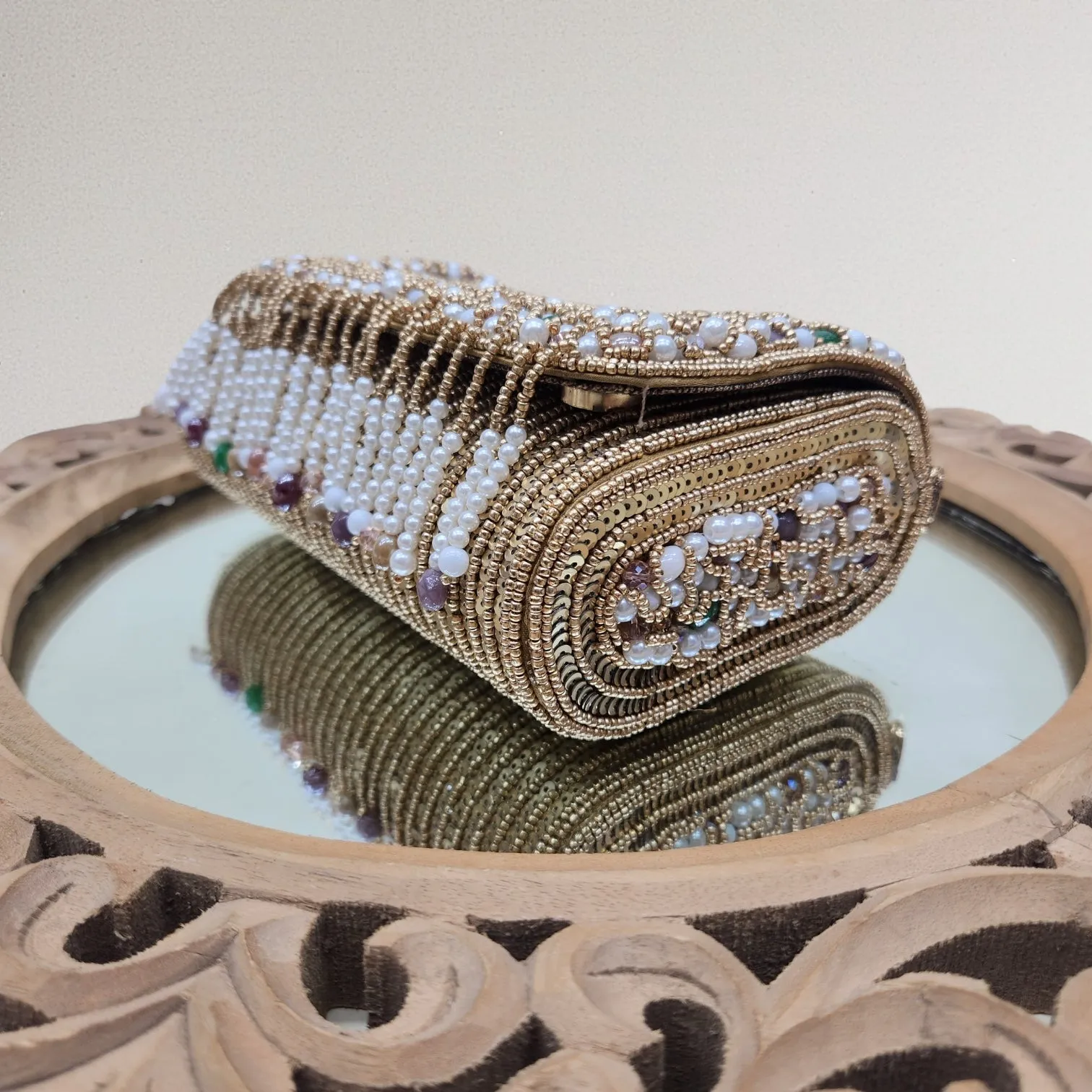 Amayra Sequined Antique Gold Flapover Box Bag