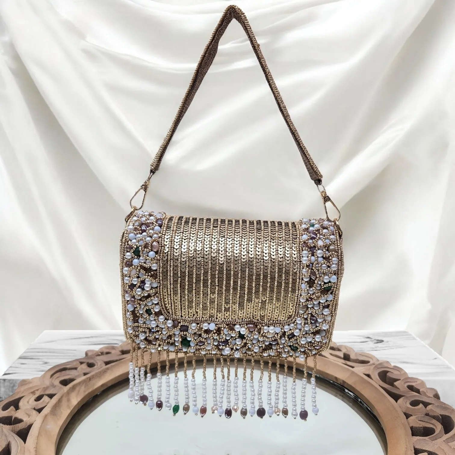 Amayra Sequined Antique Gold Flapover Box Bag