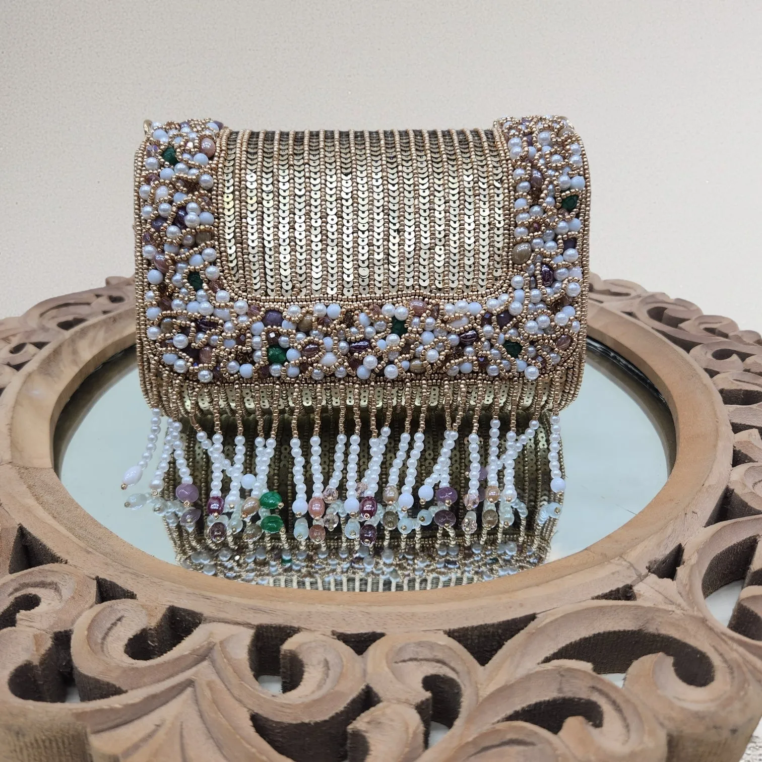 Amayra Sequined Antique Gold Flapover Box Bag