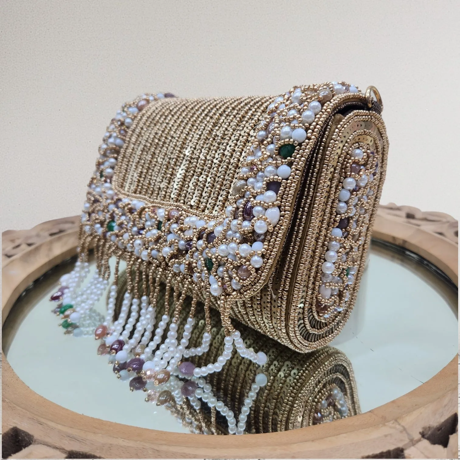 Amayra Sequined Antique Gold Flapover Box Bag