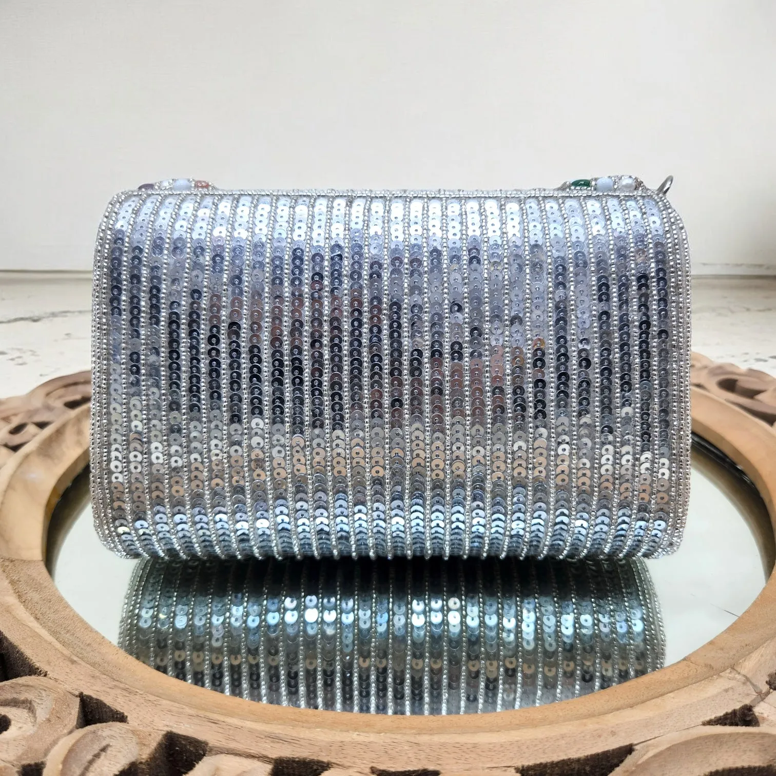 Amayra Sequined Silver Flapover Box Bag