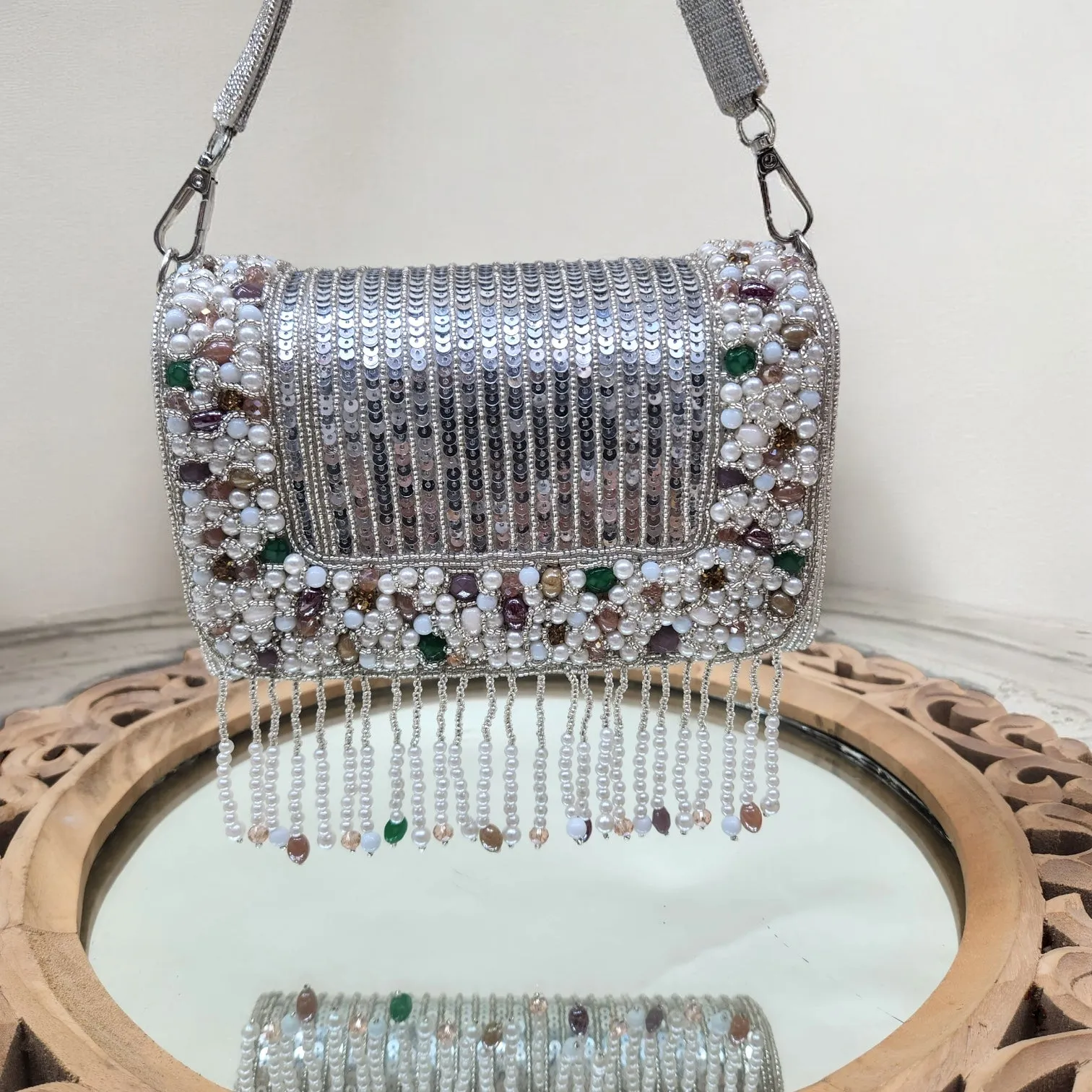 Amayra Sequined Silver Flapover Box Bag