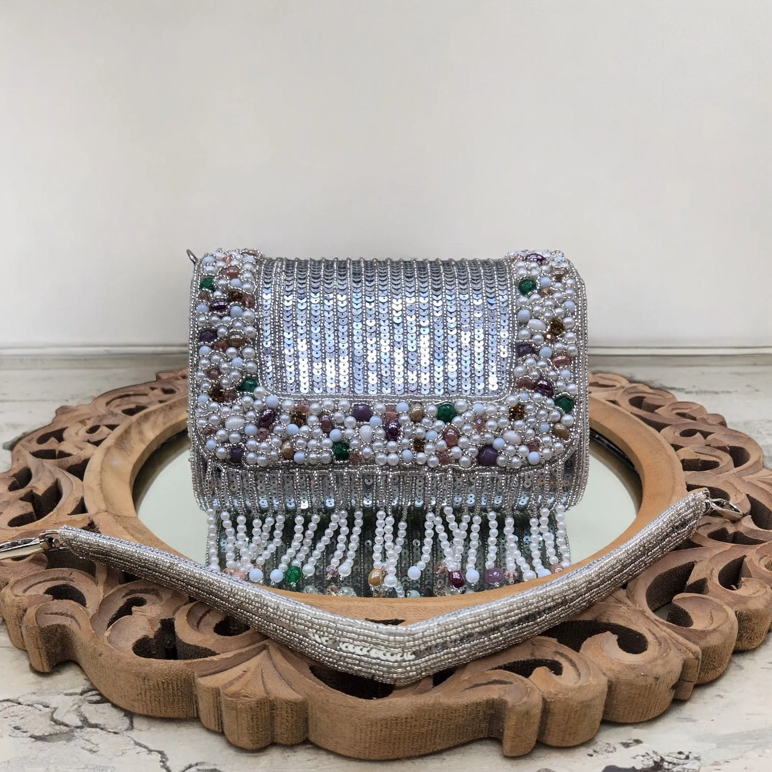 Amayra Sequined Silver Flapover Box Bag