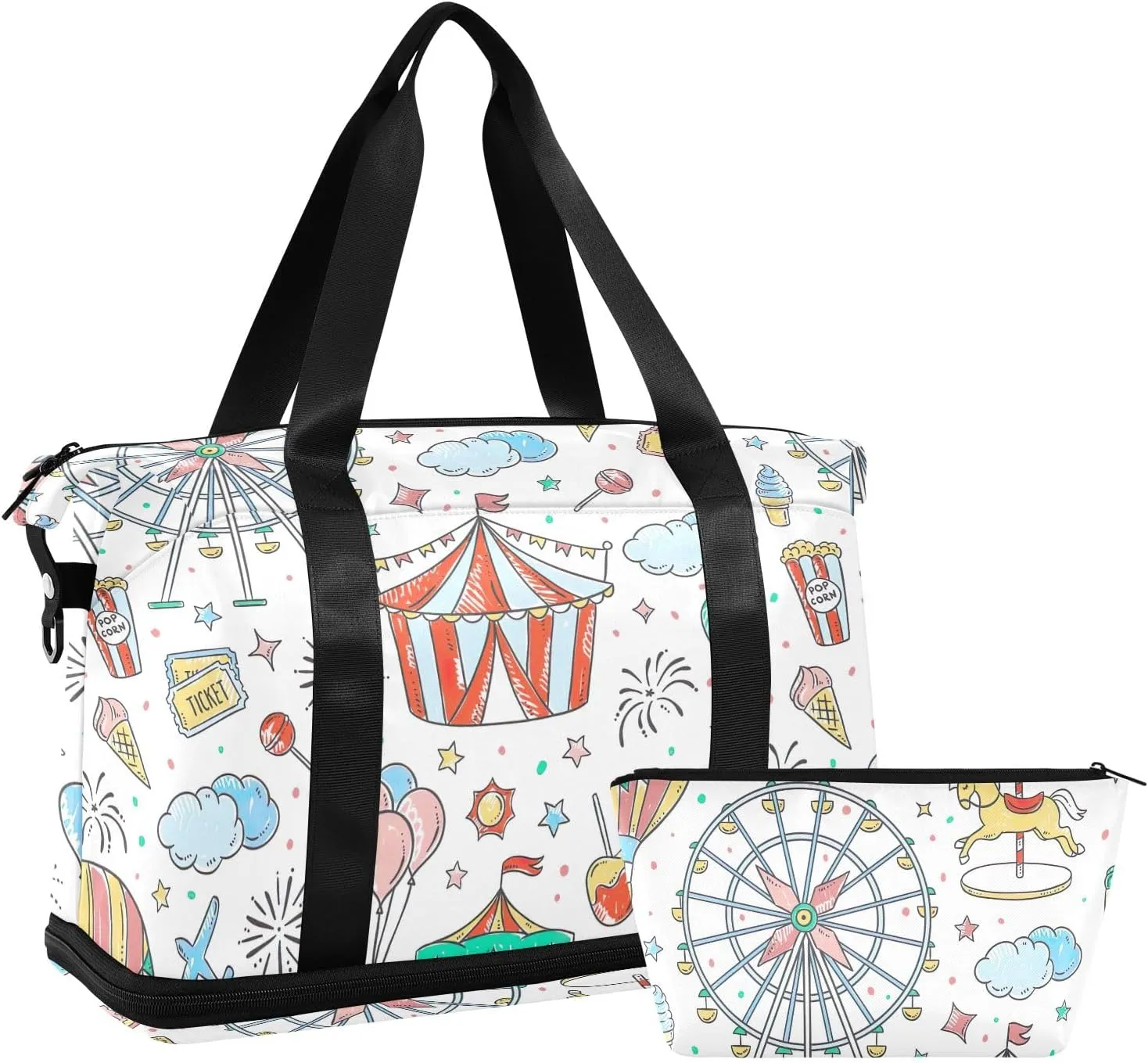 Amusement Park Cartoon under Seat Bag Expandable Travel Bags for Women Carry on with Toiletry Bag
