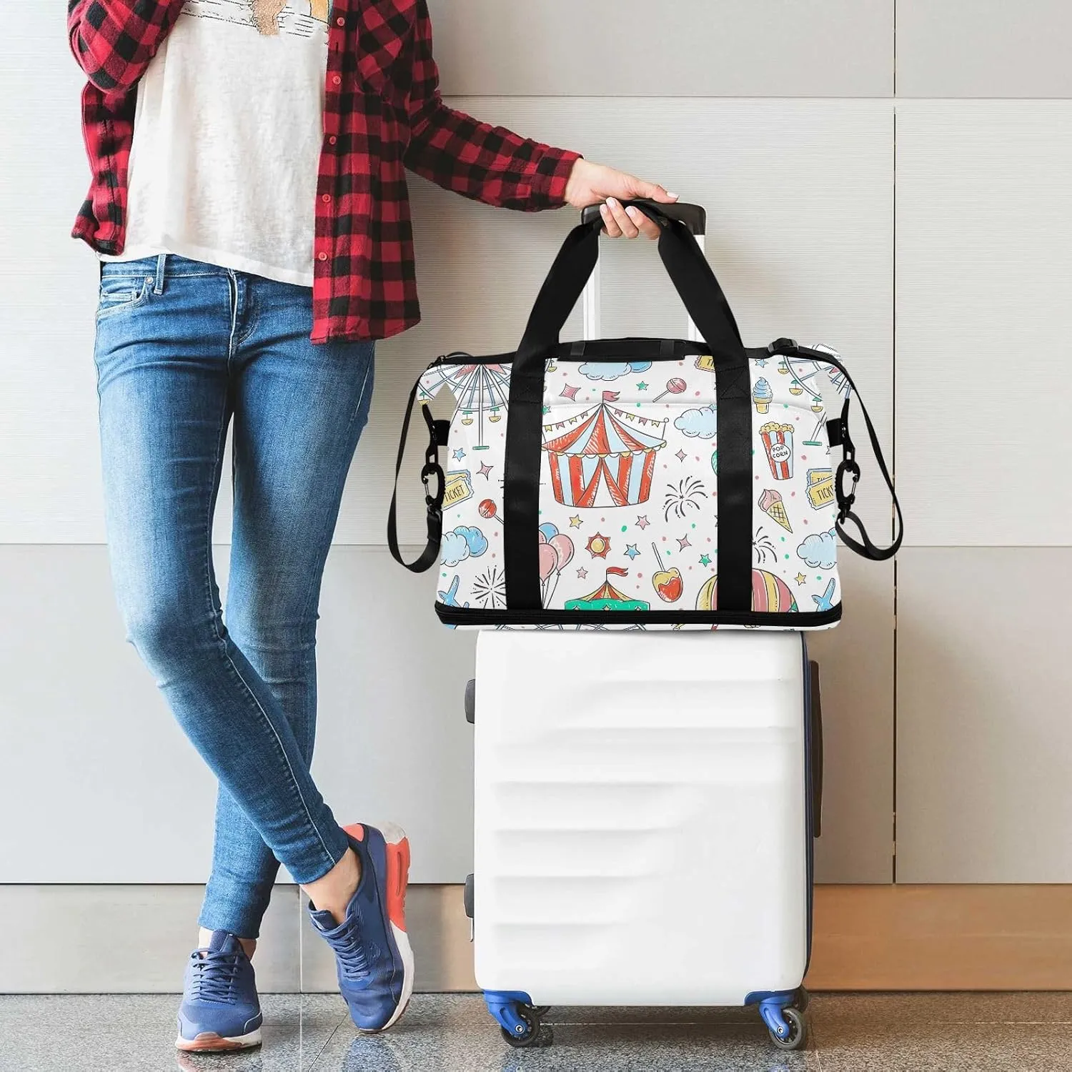 Amusement Park Cartoon under Seat Bag Expandable Travel Bags for Women Carry on with Toiletry Bag