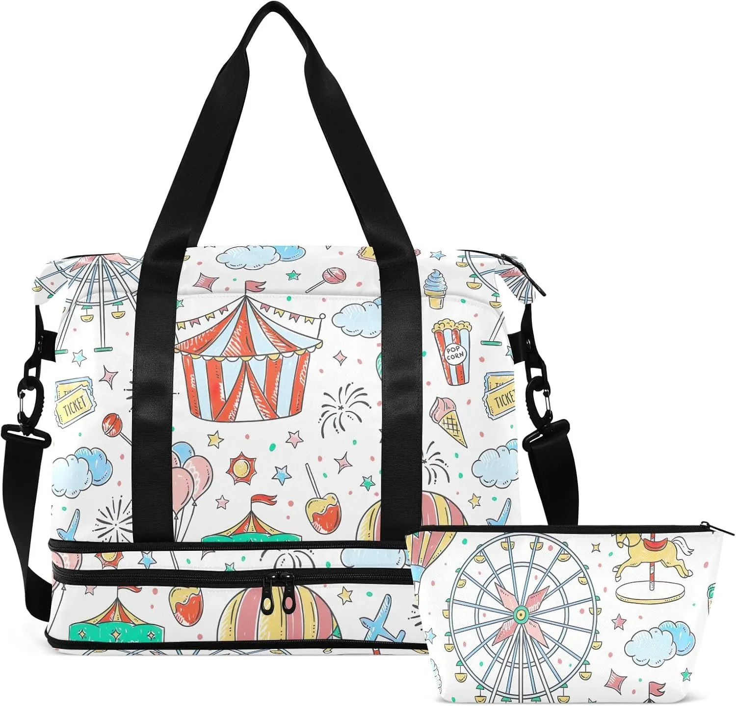 Amusement Park Cartoon under Seat Bag Expandable Travel Bags for Women Carry on with Toiletry Bag