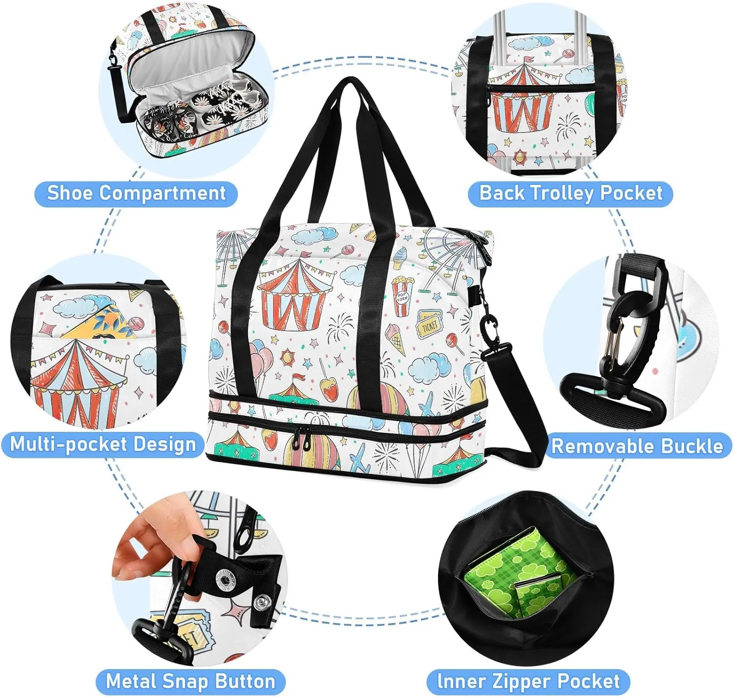 Amusement Park Cartoon under Seat Bag Expandable Travel Bags for Women Carry on with Toiletry Bag