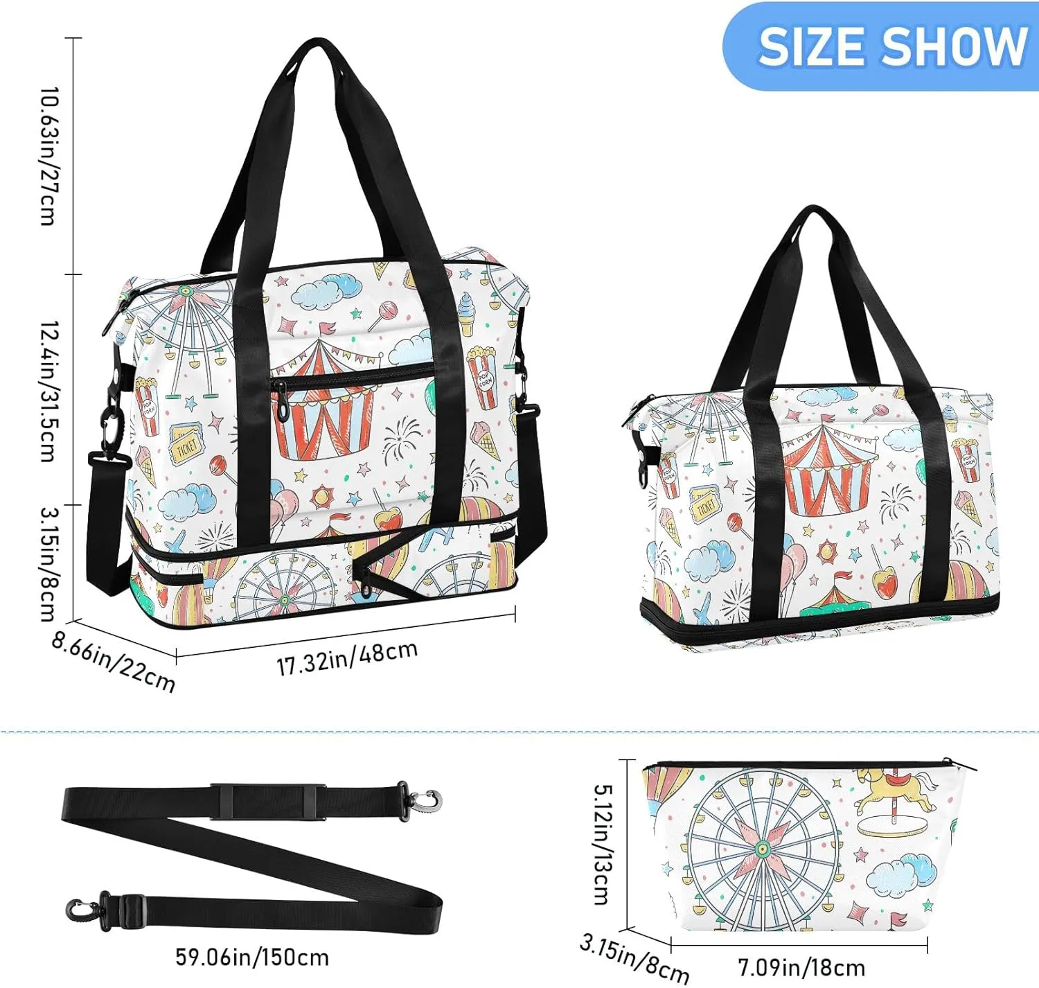 Amusement Park Cartoon under Seat Bag Expandable Travel Bags for Women Carry on with Toiletry Bag