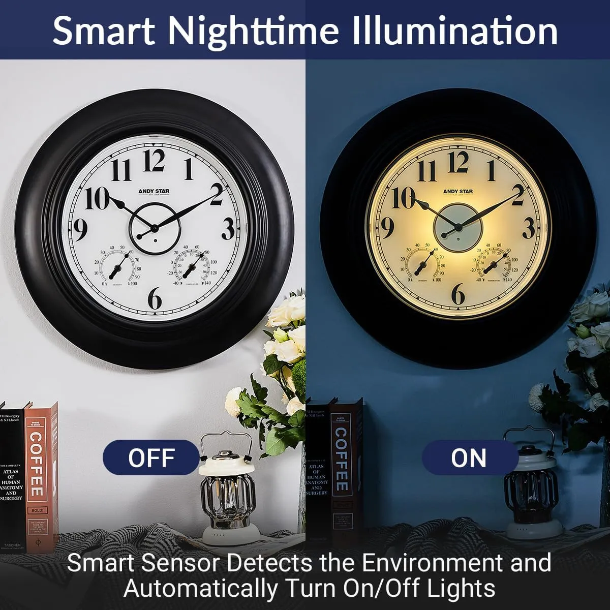 Andy Star 21 Inch Large Illuminated Outdoor Wall Clock Waterproof with Thermometer and Hygrometer, Oversized Battery Wall Clock for Patio Pool, Oil Rubbed Bronze Silent Non Ticking Clock for Garden