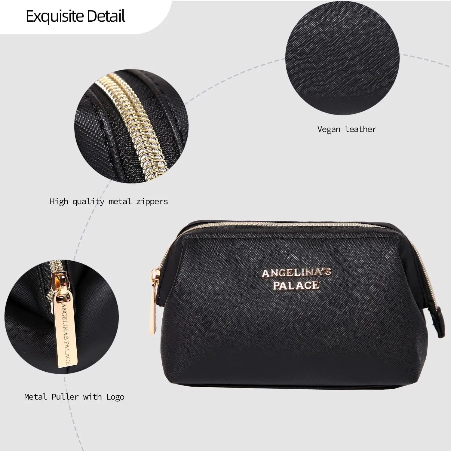 Angelina's Palace Vegan Leather Waterproof Travel Cosmetic Bag Toiletry Organizer Makeup Pouches(black)