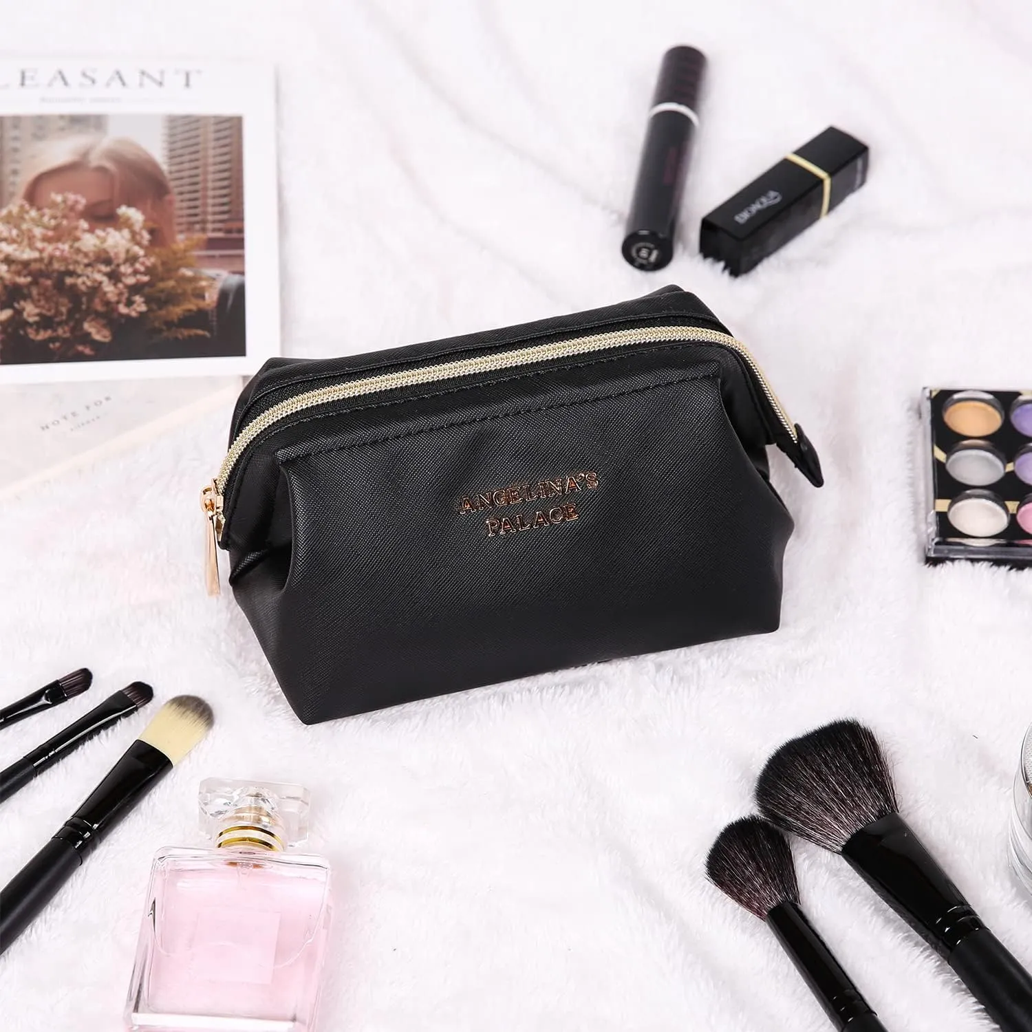 Angelina's Palace Vegan Leather Waterproof Travel Cosmetic Bag Toiletry Organizer Makeup Pouches(black)