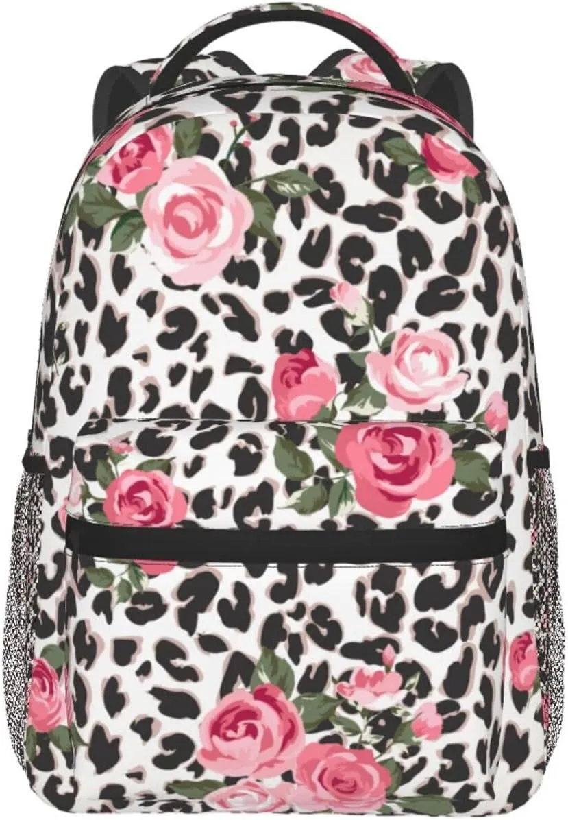 Animal Leopard Print Rose Backpacks 15 Inch Laptop Backpack Multipurpose Double Shoulder Bag for Men Women Gifts