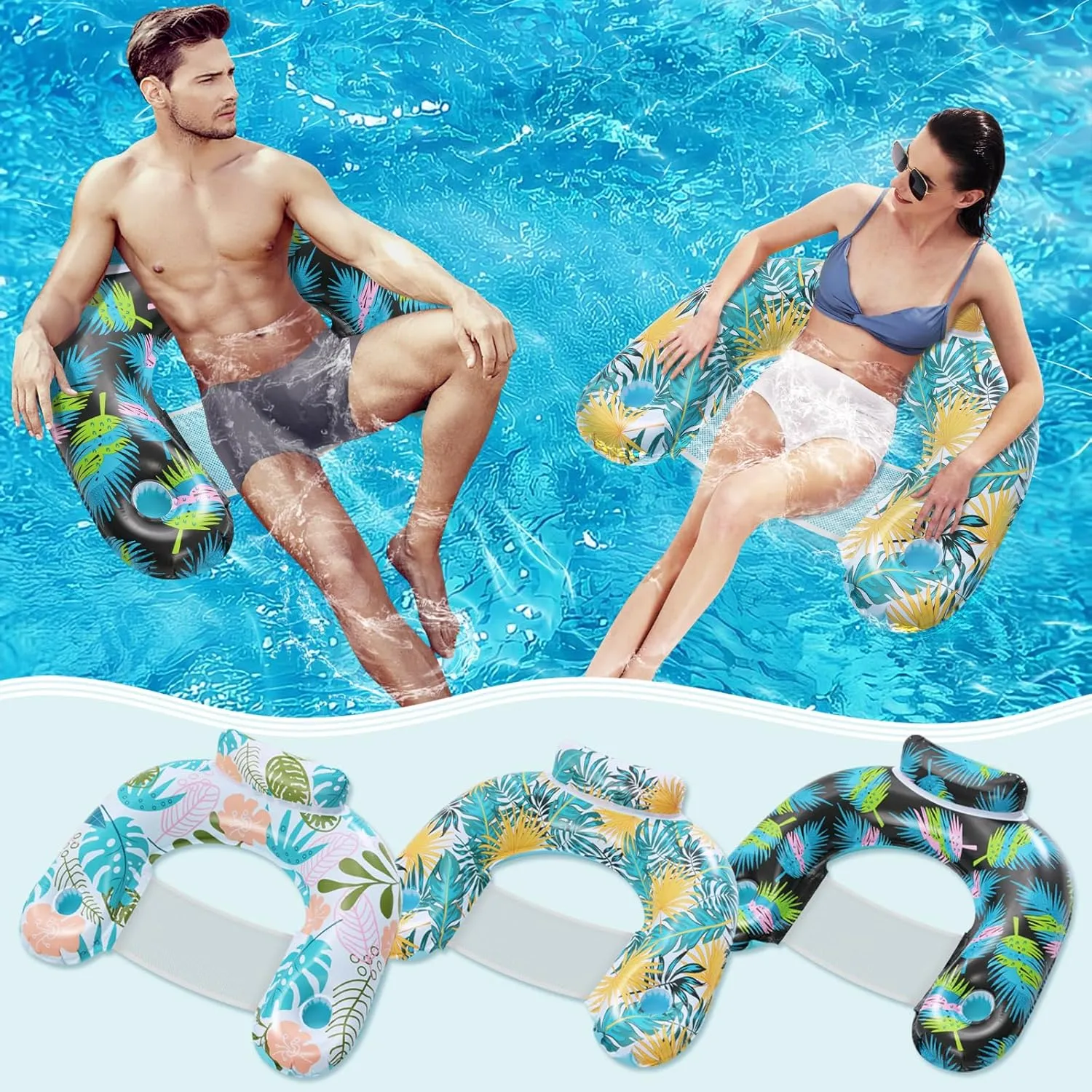 ANNIL【2 Pack】 Adult Inflatable Pool Floats Chair, Water Leisure Inflatable Floating Chair,Drink Holder, Ergonomic Headrest,Pool Floaties for Adults Swimming Pool Party, Summer Water Fun