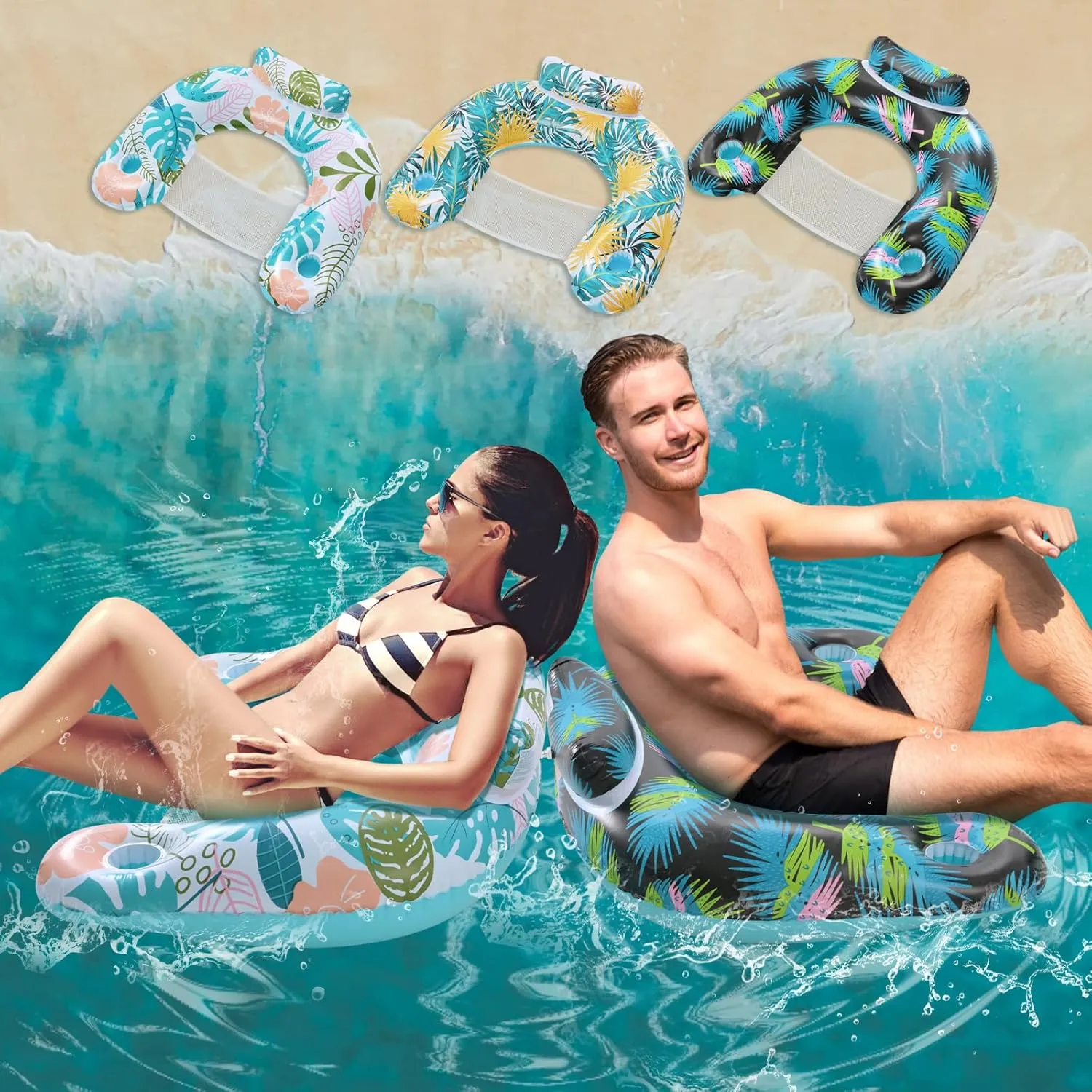 ANNIL【2 Pack】 Adult Inflatable Pool Floats Chair, Water Leisure Inflatable Floating Chair,Drink Holder, Ergonomic Headrest,Pool Floaties for Adults Swimming Pool Party, Summer Water Fun