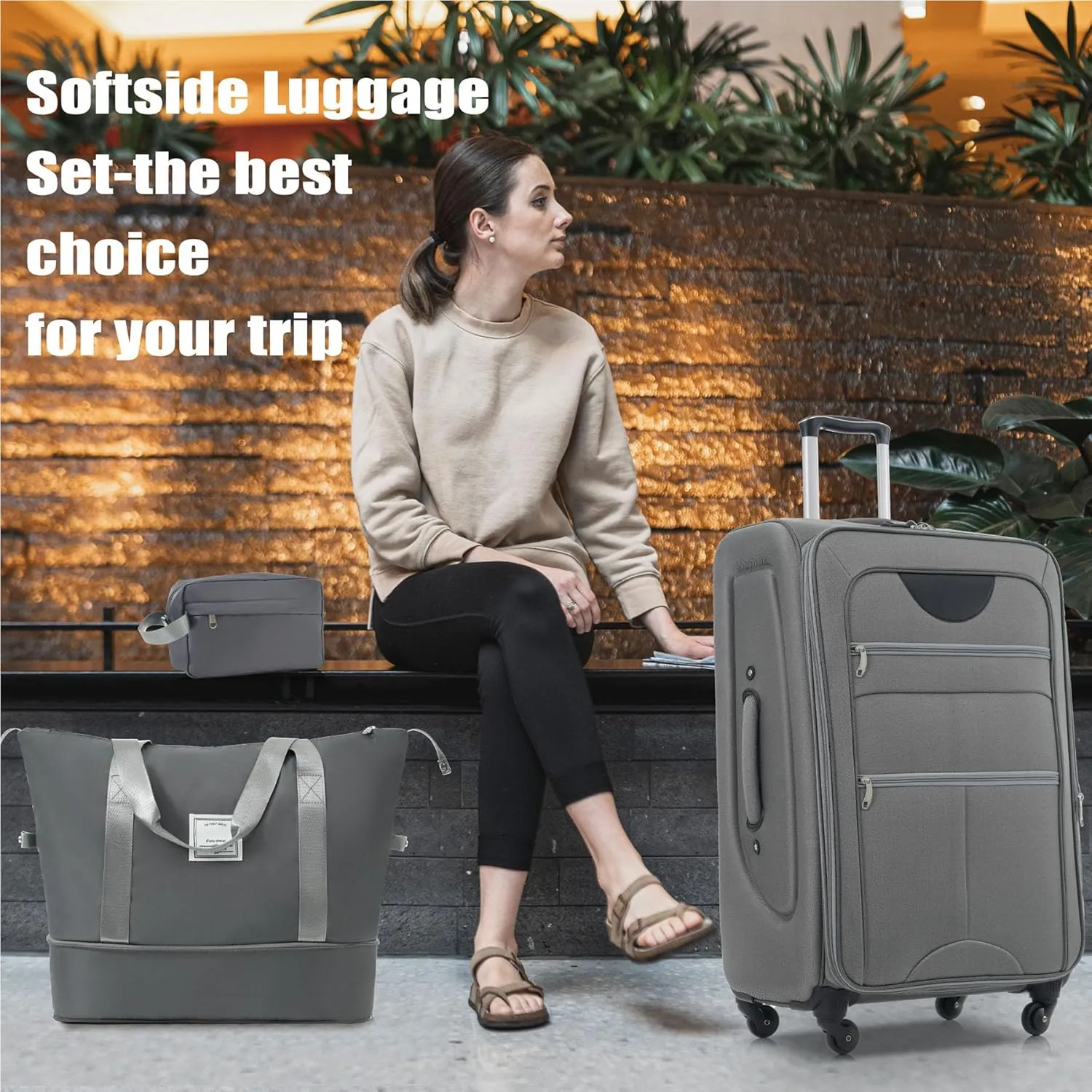Anwick Expandable Suitcase Set 5 Piece, Softside Luggage With Spinner Wheels TSA Lock, Lightweight Travel Set for Men Women 20" 24" 28" (Gray)