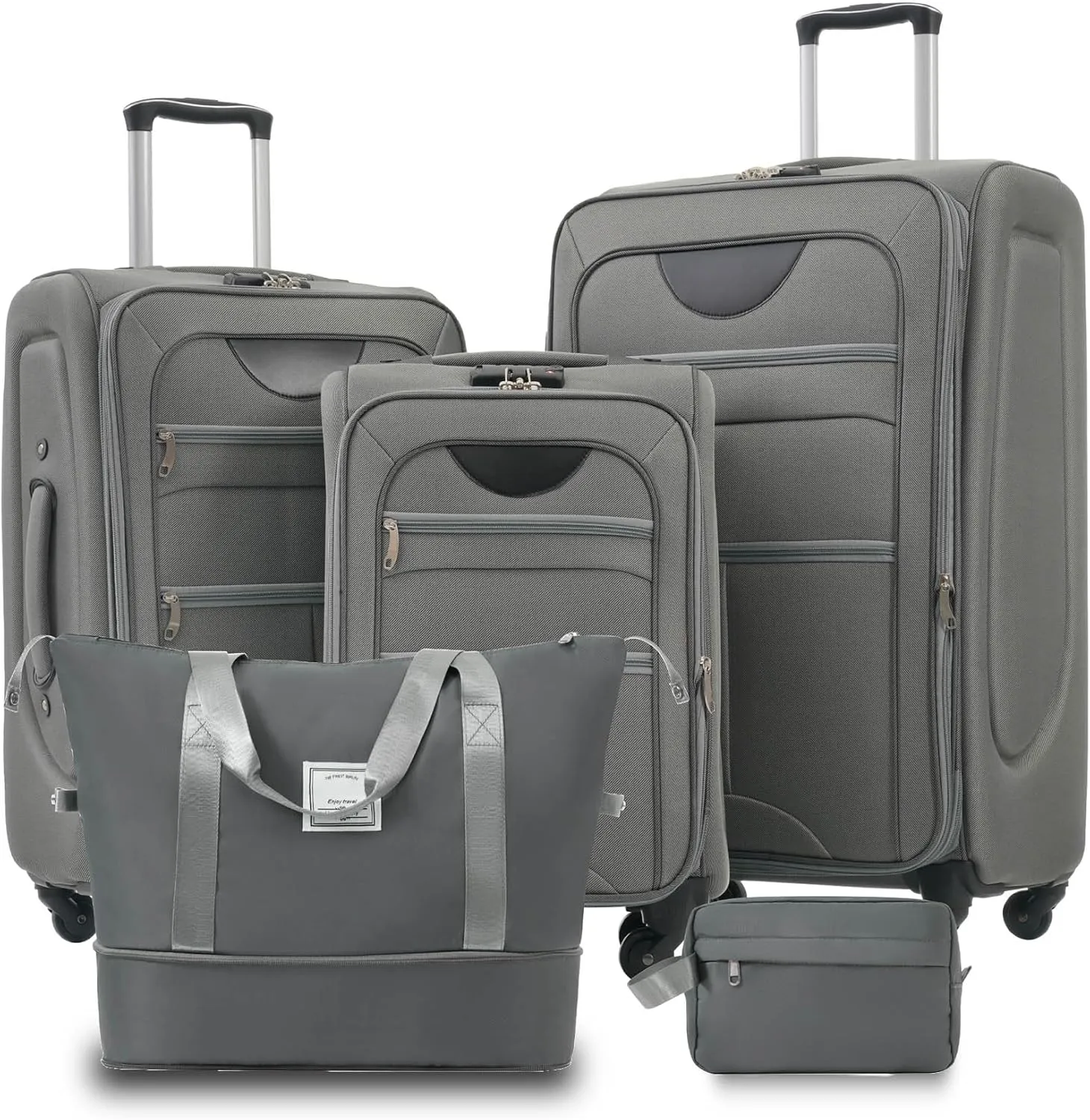 Anwick Expandable Suitcase Set 5 Piece, Softside Luggage With Spinner Wheels TSA Lock, Lightweight Travel Set for Men Women 20" 24" 28" (Gray)