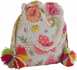 AOU Women's Embroidered Polti Bag with Pearl Handle and Tassel - Bridal Ethnic Traditional Casual Nurse/Clutch/Handbag