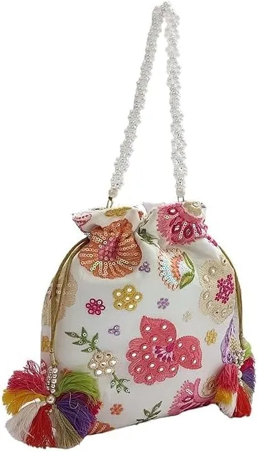 AOU Women's Embroidered Polti Bag with Pearl Handle and Tassel - Bridal Ethnic Traditional Casual Nurse/Clutch/Handbag