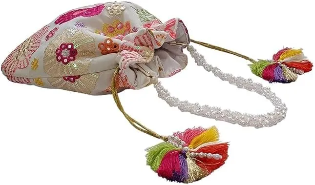 AOU Women's Embroidered Polti Bag with Pearl Handle and Tassel - Bridal Ethnic Traditional Casual Nurse/Clutch/Handbag