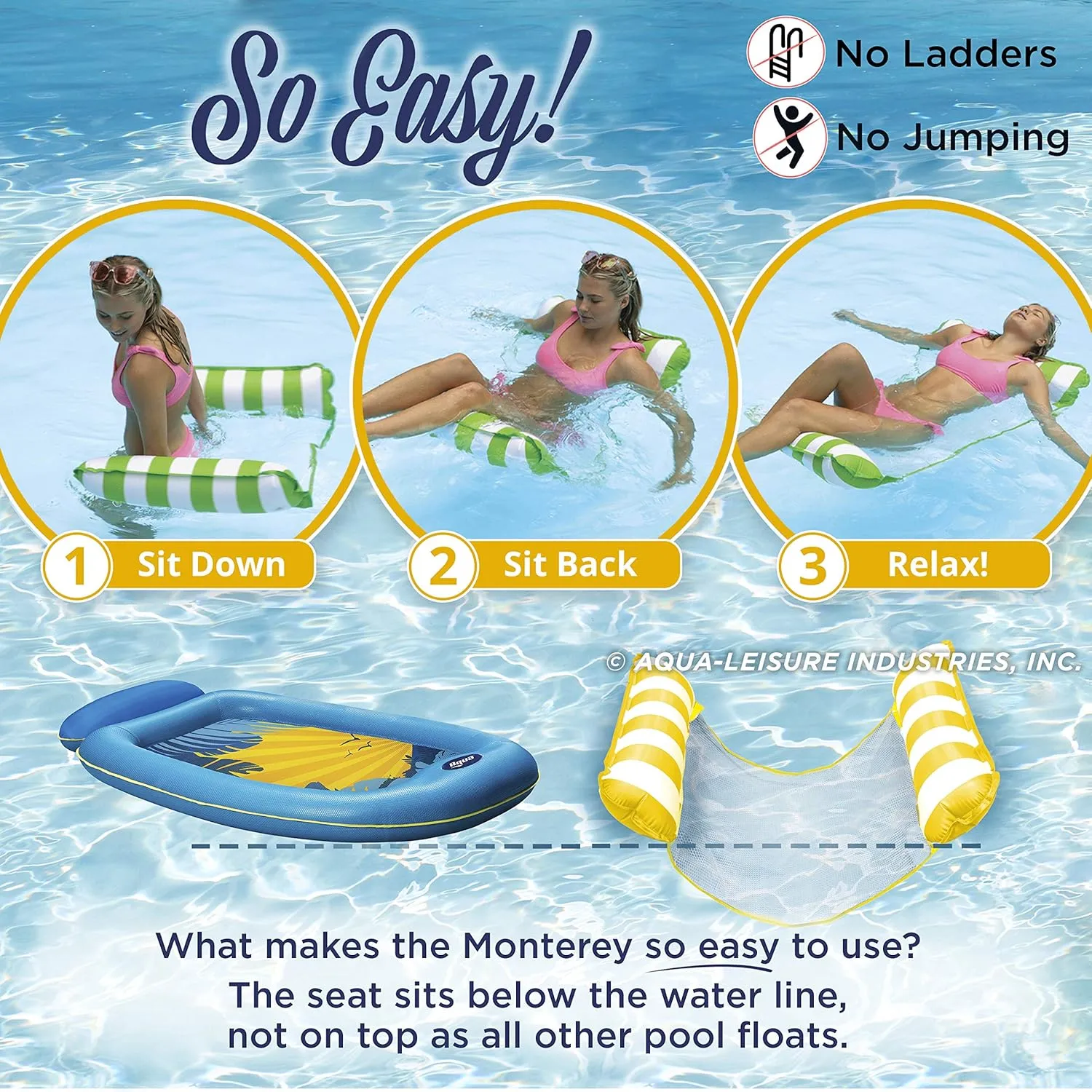 Aqua 4-in-1 Monterey Hammock Pool Float & Water Hammocks – 2-3-4 Multipacks – Multiple Colors/Styles – for Adults and Kids Floating