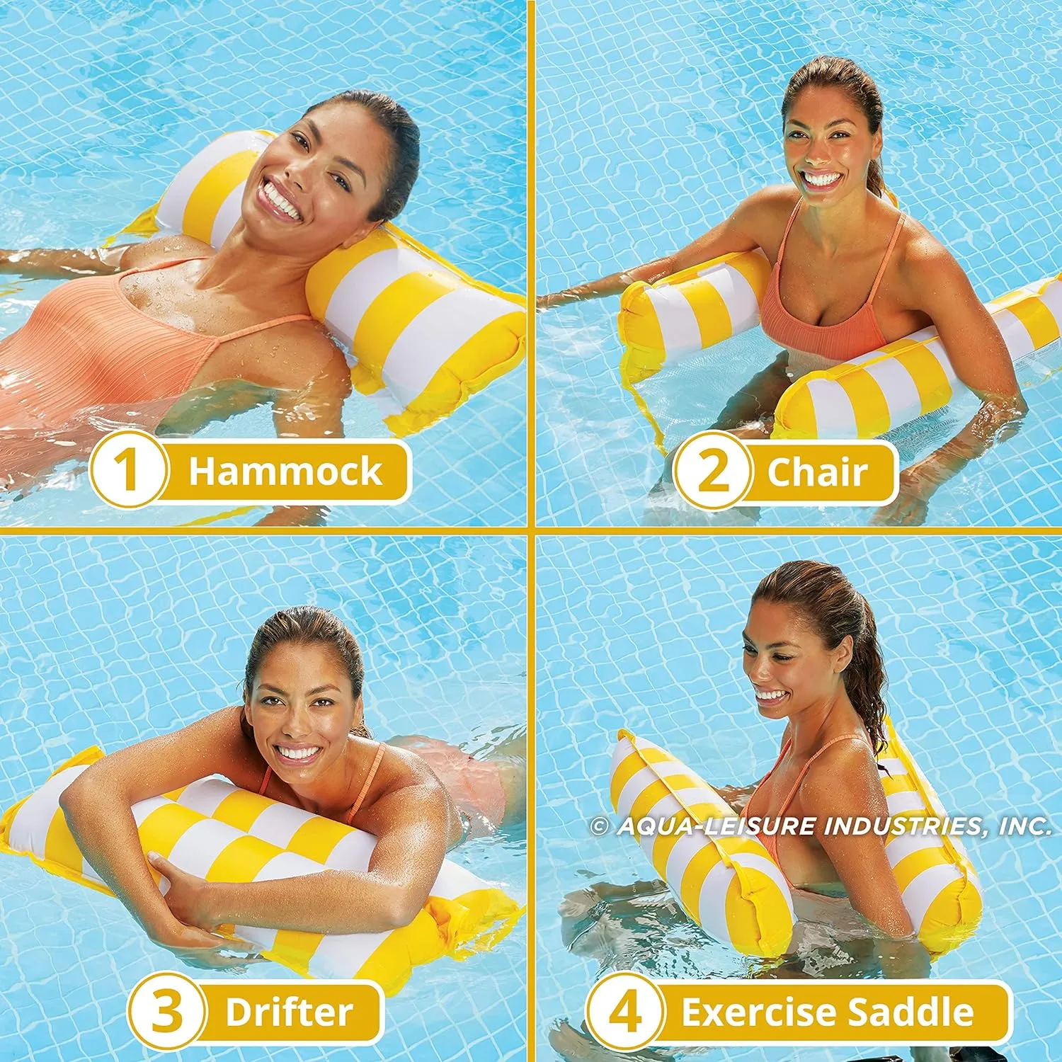 Aqua 4-in-1 Monterey Hammock Pool Float & Water Hammocks – 2-3-4 Multipacks – Multiple Colors/Styles – for Adults and Kids Floating